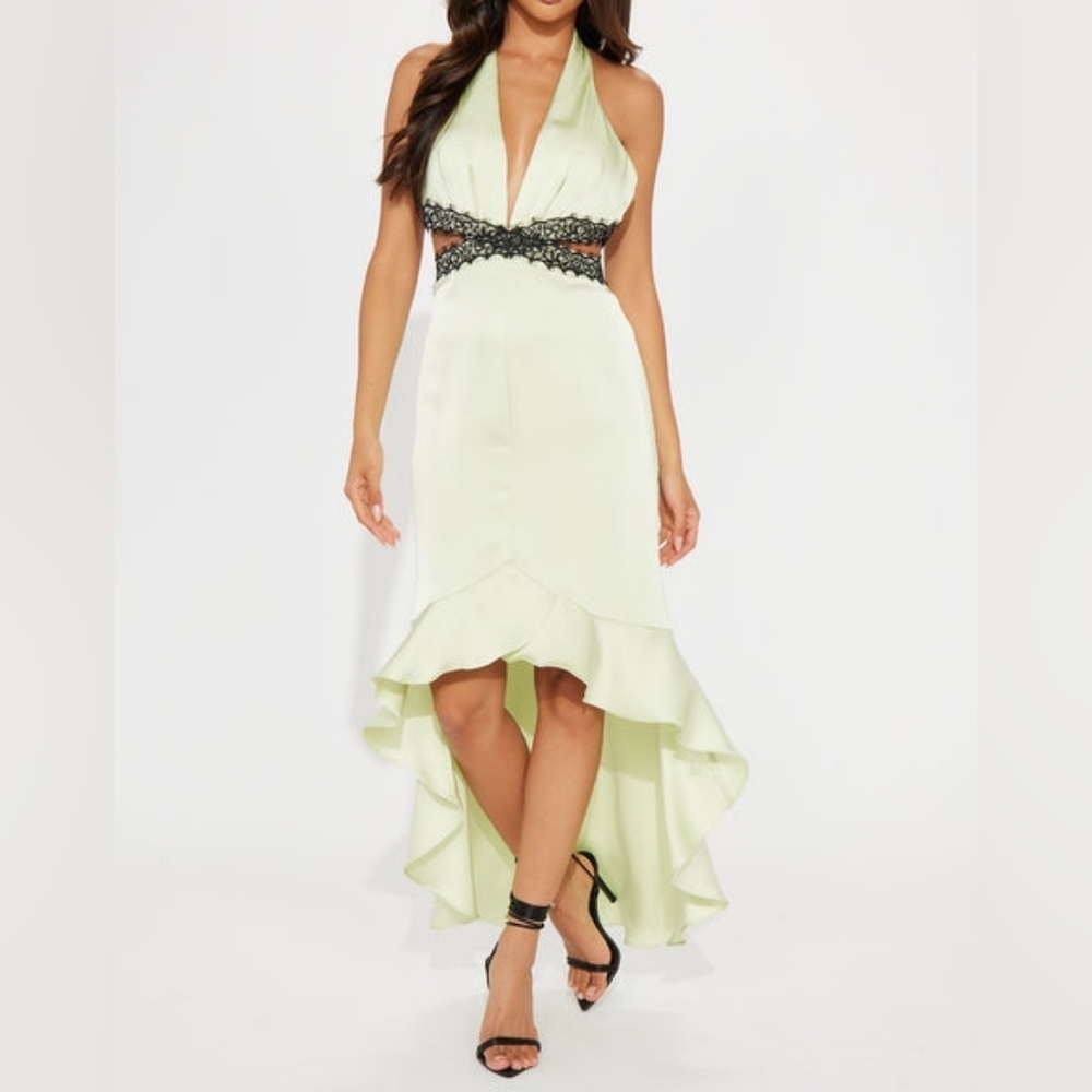 fashion nova Audrey satin maxi dress green NWT